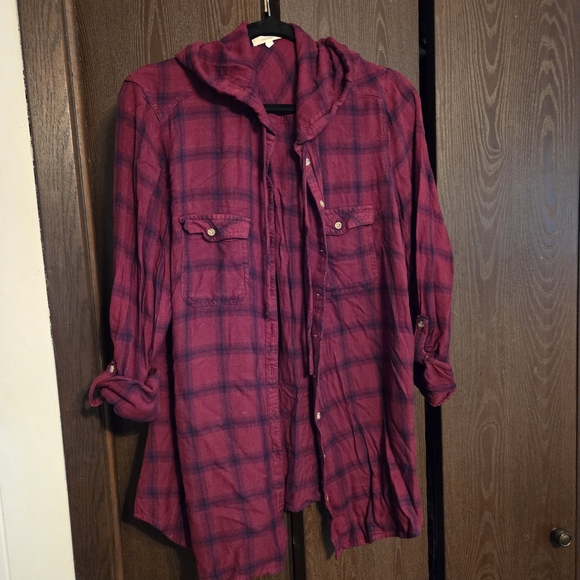 Plaid Button-Up Shirt with Hood - Picture 1 of 3